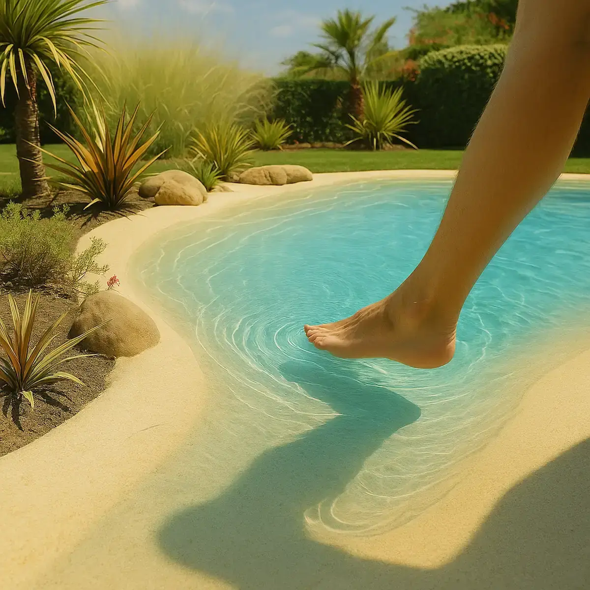 Piscine avec plage immergée 🏖️ : prix, formes, matériaux & avantages