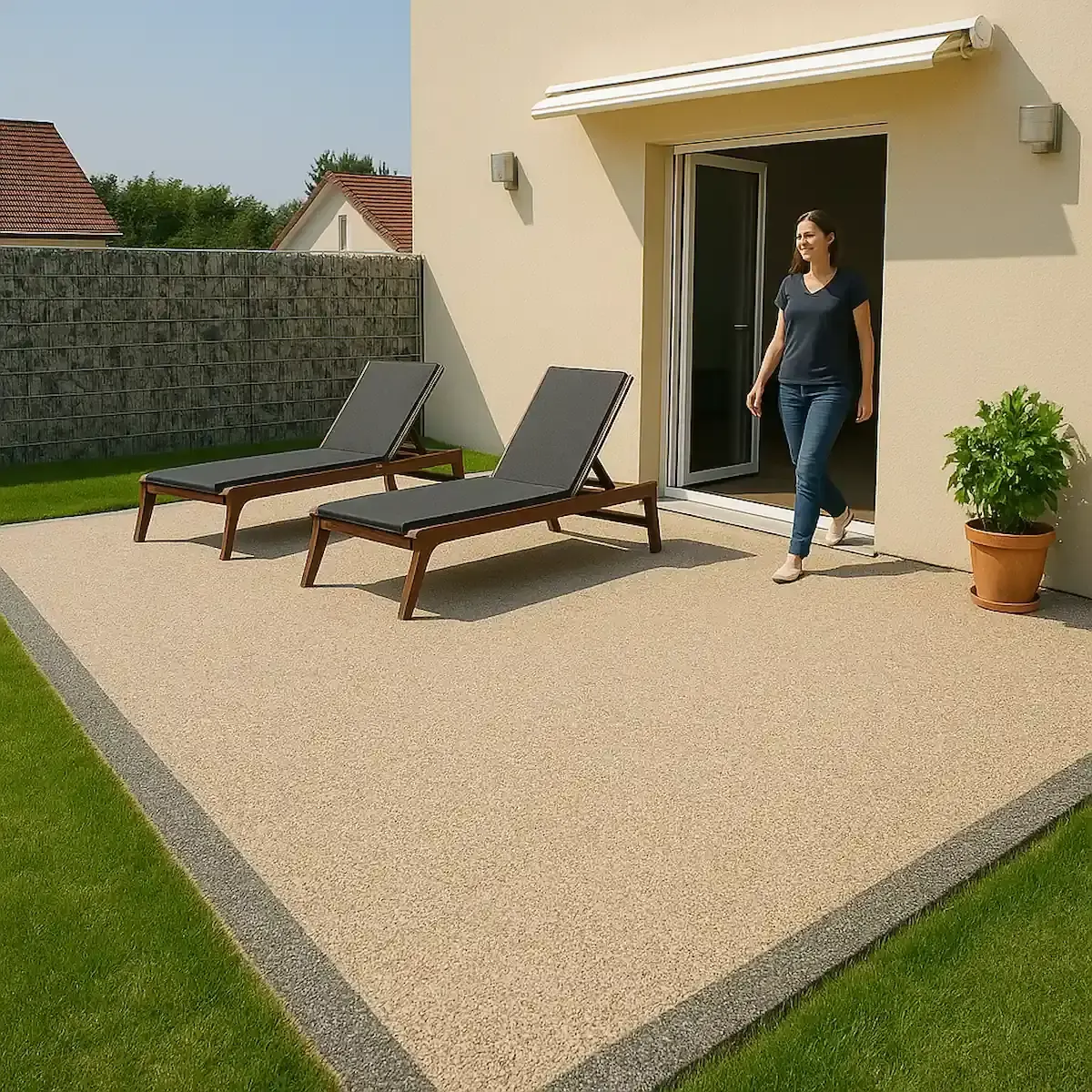 Terrasse en résine (moquette de pierre) 💰 prix, pose et guide complet